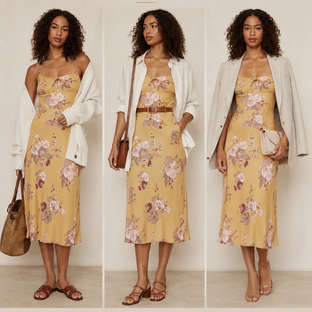 NWT Wilfred Bellow Midi Dress - Sandy Beige & Talc Pink Floral | Size 14